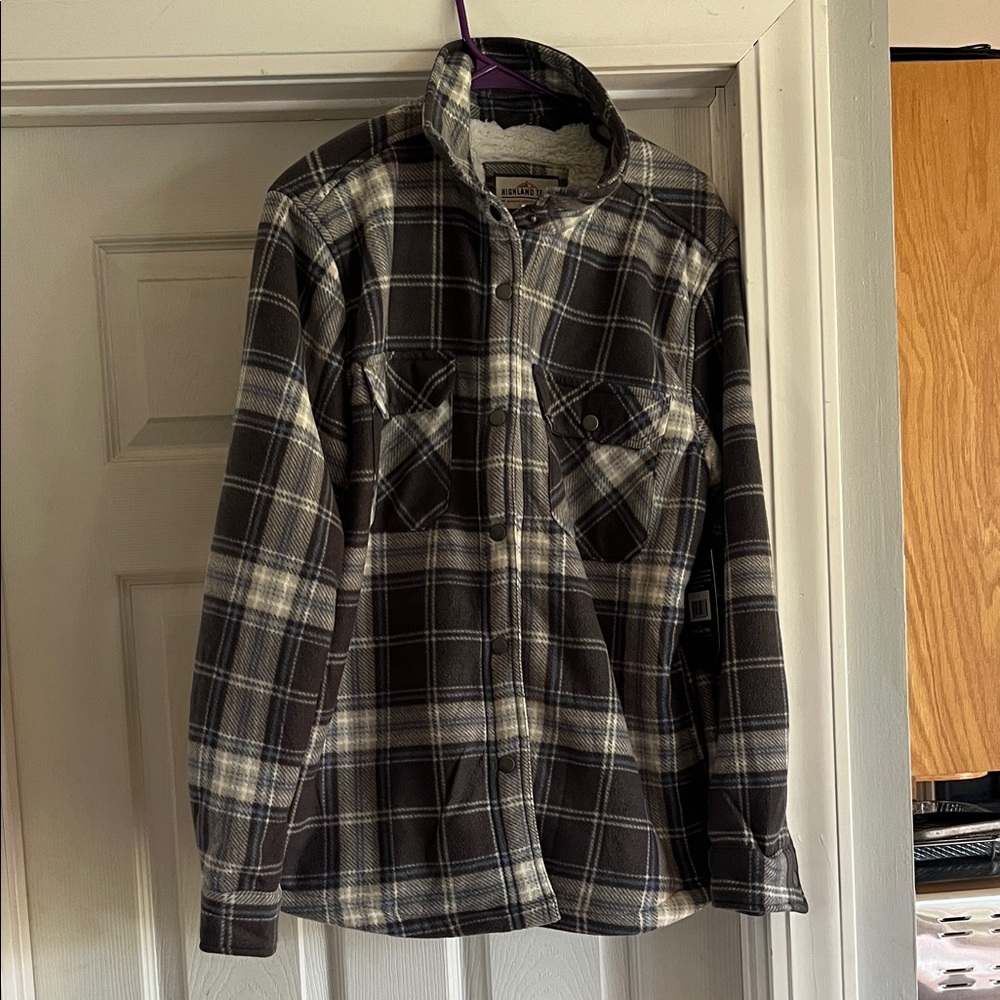 Button-Front Plaid Sherpa-Lined Shirt Jacket - Black & White